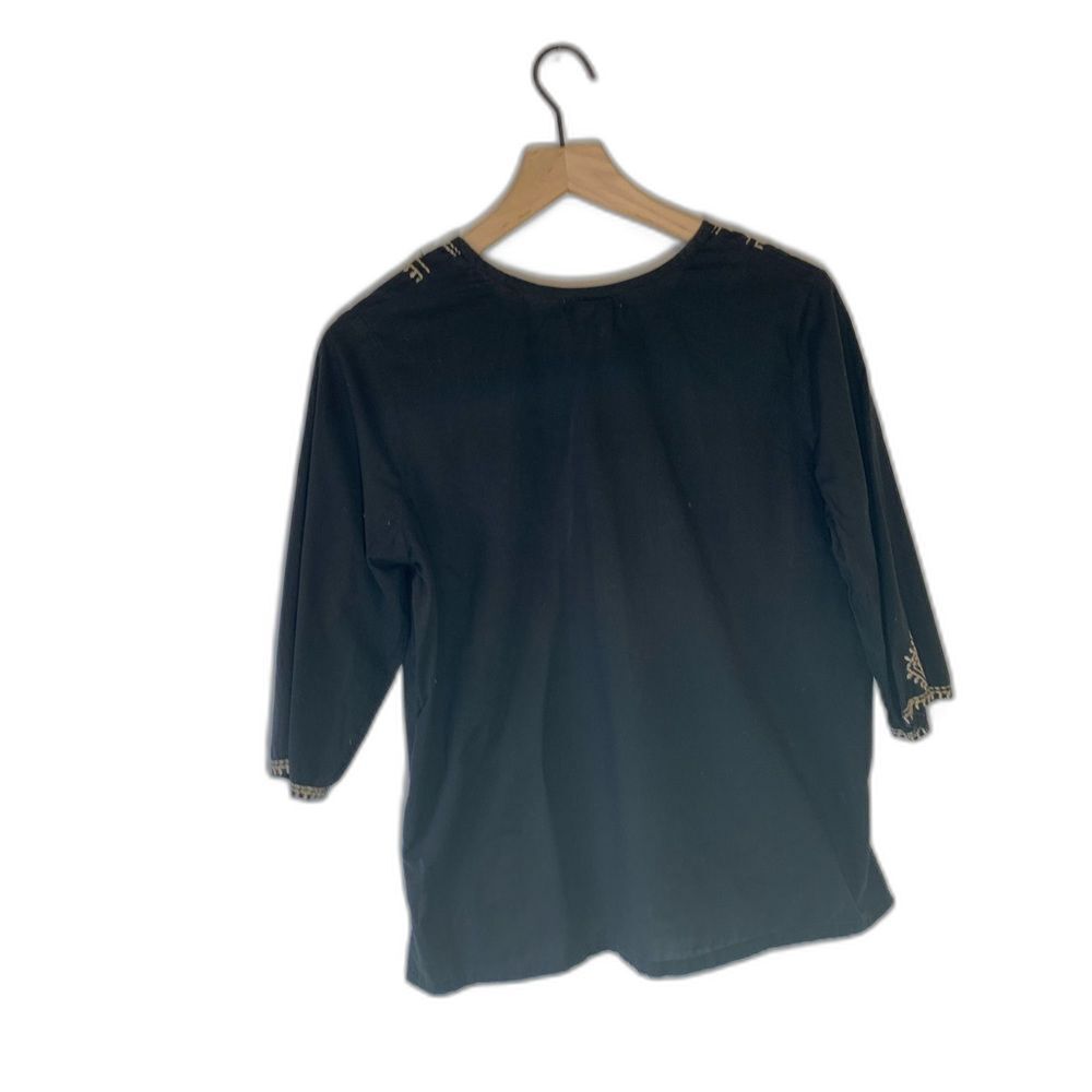 Rebecca Malone Petite Black Embroidered Boho Top PM 3/4‎ Sleeve Cotton Blouse - Picture 2 of 5